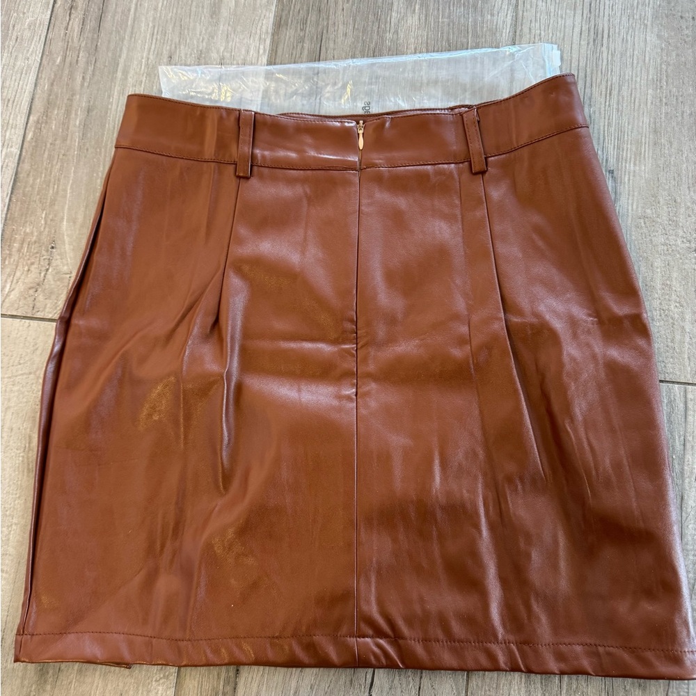 Brown PLeather Mini Skirt funky pencil skirt faux leather size L - Picture 8 of 9